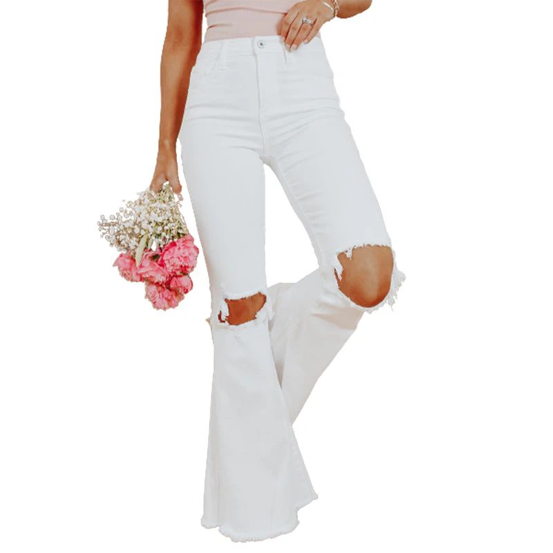 Distressed Hollow-out kne Frynsete Flare Jeans